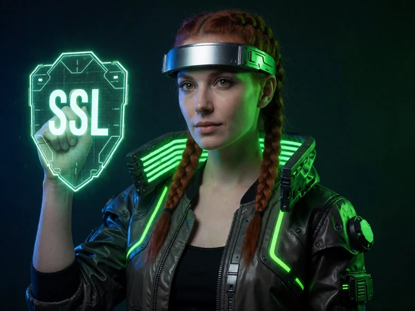 Modell mit geflochtenem kupferrotem Haar im Silber-Visier h&auml;lt holografisches SSL-Sicherheitssymbol f&uuml;r geb&uuml;hrenfreie Roby Casino Zahlungen