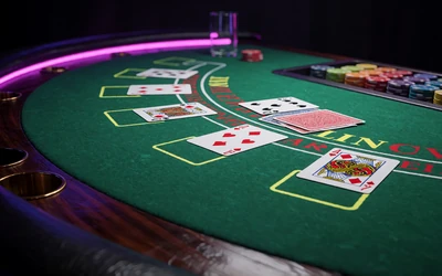 Blackjack-Tisch mit gr&uuml;nem Filz und neon-Kantenbeleuchtung f&uuml;r Roby Casino Live Blackjack