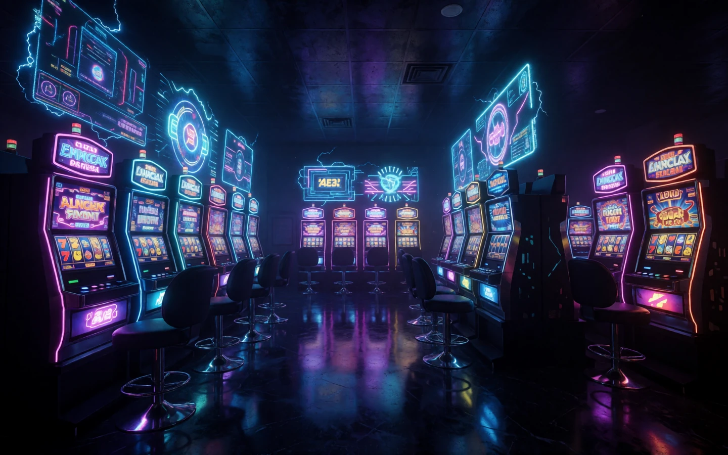 Futuristische Casino-Halle mit Reihen neon-leuchtender Slotmaschinen in cyberpunk-Atmosph&auml;re f&uuml;r Roby Casino