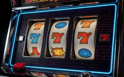 Klassische Slotmaschine mit Chrom-Verblendung und neon-blauen Akzenten f&uuml;r Roby Casino Classic Slots