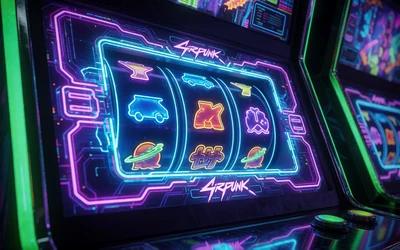 Futuristische Neon-Spielmaschine mit holografischen Walzen in einem dunklen Arcade f&uuml;r Roby Casino Slots