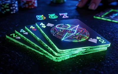 Blackjack-Kartenf&auml;cher mit leuchtenden neon-gr&uuml;nen Kanten auf dunklem Filz f&uuml;r Roby Casino Tischspiele