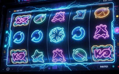 Neon-blaue Video-Slot-Walzen mit animierten cyberpunk-Symbolen f&uuml;r Roby Casino Video Slots