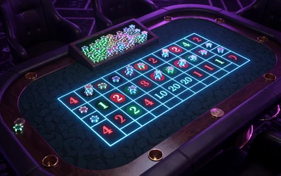 Live-Dealer-Roulettetisch mit holografischen Jetons in neonbeleuchtetem Casino f&uuml;r Roby Casino Live Casino