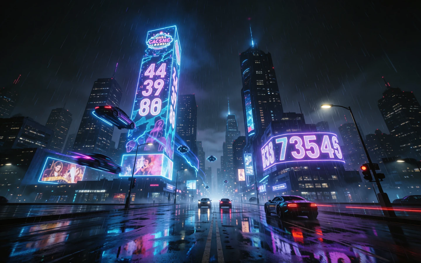 Futuristische Neon-Stadtlandschaft bei Nacht mit holografischen Werbetafeln im cyberpunk Stil f&uuml;r Roby Casino