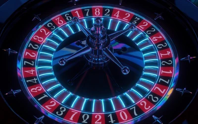 Roulette-Rad mit neon-blauem Gl&uuml;hen und holografischem Einsatzraster f&uuml;r Roby Casino Live Roulette
