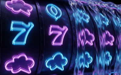 Cascade-Slot mit fallenden neon-Symbolen in blau und violett f&uuml;r Roby Casino Cascade Slots