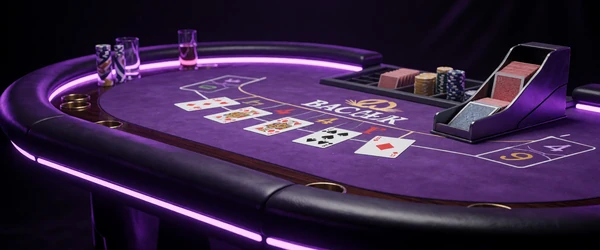 Baccarat-Tisch mit violetten Neon-Akzenten und Kartenschuh f&uuml;r Roby Casino Live Baccarat