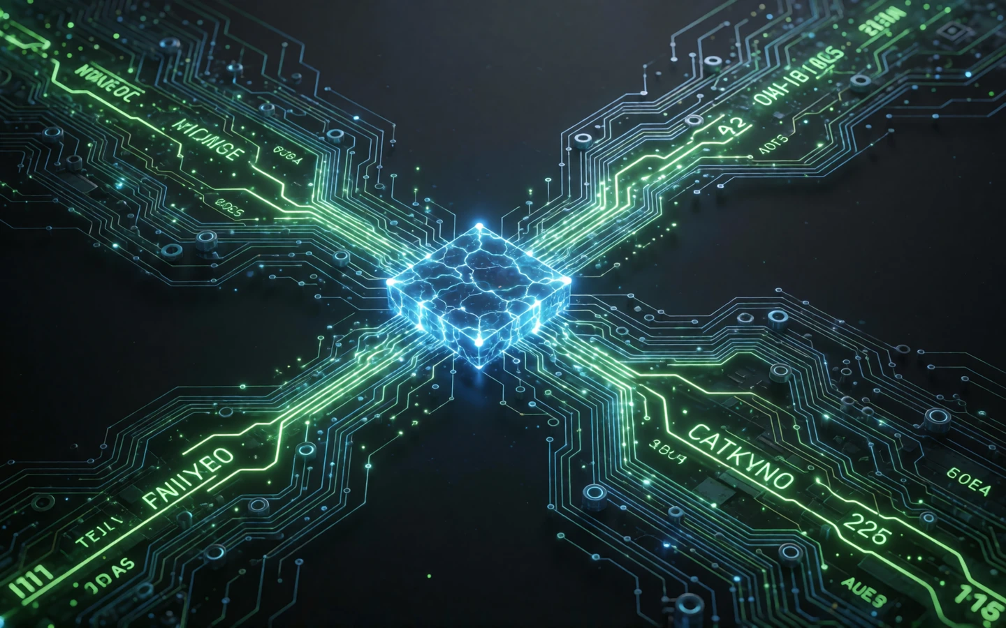 Abstrakte Blockchain-Netzwerkvisualisierung mit leuchtenden blauen Knoten und gr&uuml;nen Datenstr&ouml;men f&uuml;r Roby Casino Zahlungen
