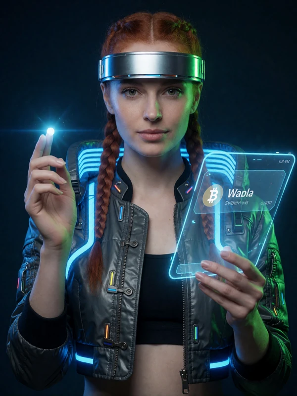 Modell mit geflochtenem kupferrotem Haar im futuristischen Silber-Visier interagiert mit holografischem Zahlungsdisplay f&uuml;r Roby Casino