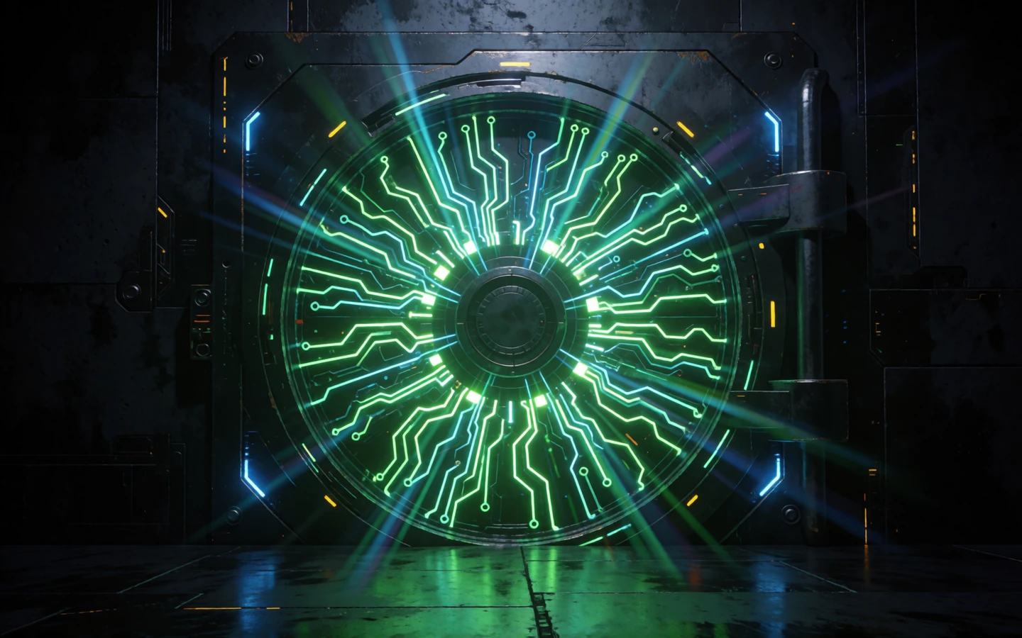 Futuristische Tresort&uuml;r mit leuchtenden neon-gr&uuml;nen Schaltkreismustern im cyberpunk Stil f&uuml;r Roby Casino Bonus