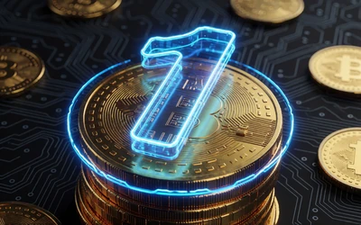 Leuchtende holografische Zahl 1 mit M&uuml;nzstapel f&uuml;r die erste Einzahlung im Roby Casino Bonus-Paket