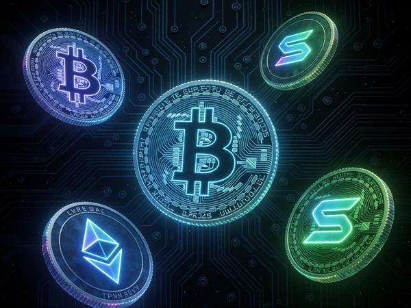 Holografische Krypto-M&uuml;nzen mit Bitcoin-, Ethereum- und Solana-Symbolen in neon-blauem und gr&uuml;nem Licht f&uuml;r Roby Casino Krypto-Zahlungen