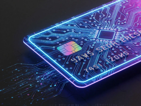 Leuchtende neon-blaue Kreditkarte mit Schaltkreismustern und holografischem Chip &uuml;ber dunkler Oberfl&auml;che f&uuml;r Roby Casino Fiat-Zahlungen