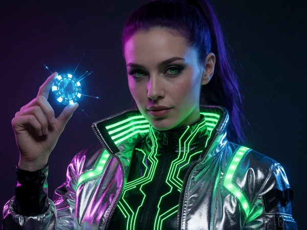 Frau mit lila Haar im metallischen Silber-Jacket mit holografischem Casino-Chip im Roby Casino Bonus-Bereich