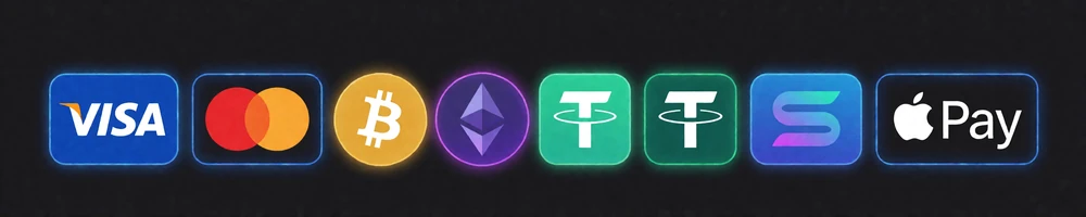 Acht Zahlungsanbieter-Logos mit neon-blauen R&auml;ndern: Visa, Mastercard, Bitcoin, Ethereum, Tether, Solana, Paysafecard und Apple Pay f&uuml;r Roby Casino